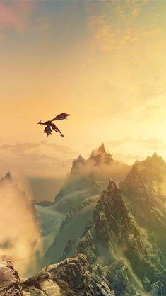 a bird flying over the top of a mountain