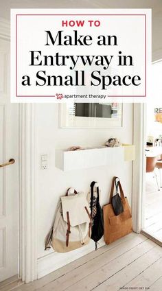 an entryway in a small space with purses hanging on the wall