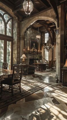 an elegant dining room with large windows and chandelier hanging from the vaulted ceiling