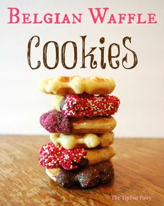 a stack of doughnuts with sprinkles on them and the title, belgian waffle cookies