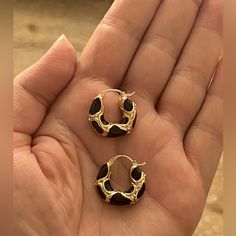 New Black Enamel & Cubic Zirconia Embellishment Small Hoop Gold Plated Earrings. Earrings Are 3/4 Inches In Diameter. Gold Plated Earrings, Earrings Color, Black Enamel, New Black, Cubic Zirconia, Embellishments, Gold Plate, Jewelry Earrings, Plating