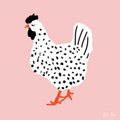 a white chicken with black spots on it's face and legs, standing in front of a pink background