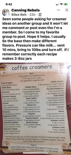 the coffee creamers sign is posted in front of a red tablecloth with writing on it