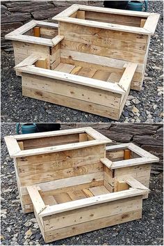 two wooden raised planters sitting on top of gravel