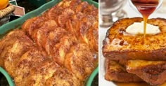 french toast with syrup being poured on top and oranges next to it in green dishes