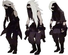 three different poses of an anime character with long hair and white hair, wearing black clothing