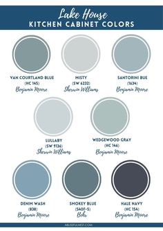 the lake house kitchen cabinet colors in blue, gray and white with text that says lake house