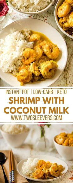 shrimp with coconut milk and rice in bowls