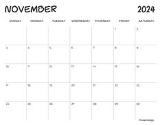 november calendar with the holidays in black and white