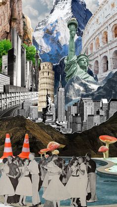 the collage shows people standing in front of an image of the statue of liberty