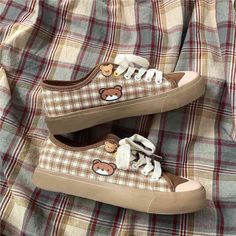 Cute Plaid Canvas Bear Sneakers sold by KoKo Fashion. Shop more products from KoKo Fashion on Storenvy, the home of independent small businesses all over the world. Cottagecore Shoes, Fire Clothing, Chinese Shoes, Plaid Shoes, Smart Shoes, Korean Clothes, Kawaii Shoes, Lit Shoes, Brown Flats