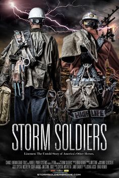 the movie poster for storm soldiers starring two men with helmets and equipment on their shoulders