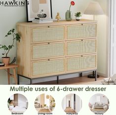 the dresser is made from wood and has many different types of drawers on top of it