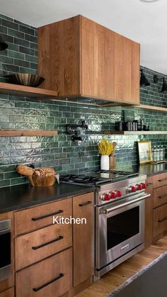 a kitchen with wooden cabinets and stainless steel appliances