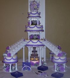 the tower is made up of purple and white items