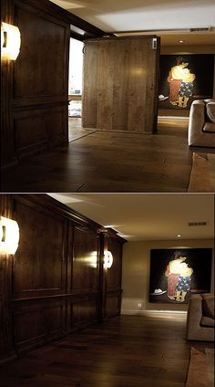 two pictures of the inside of a house with wood flooring and wooden paneling