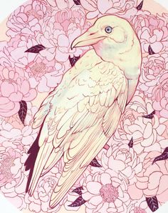 a drawing of a bird sitting on top of flowers