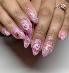 Kirby Nail Ideas, Kirby Inspired Nails, Squishmallows Nails, Kirby Nail Design, Kirby Nail Art, Japanese Gel Nail Designs, Japanese Nail Art Kawaii, Nail Art Character, Kirby Nails