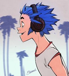 a man with blue hair wearing headphones and looking to the side in front of palm trees