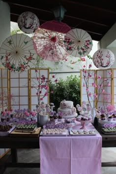 a table topped with lots of cakes and desserts