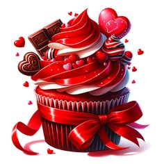 a cupcake with red ribbon and heart decorations on top, surrounded by chocolate hearts