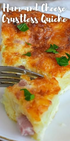 ham and cheese crustless quiche on a white plate with a fork in it