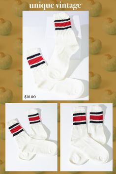 Made with a soft cushion on the bottom, these socks are perfect for lounging around the house or adding a pop of color to your outfit. The classic striped design is timeless and versatile, making it easy to mix and match with any wardrobe. Plus, the one size fits most ensures a comfortable fit for everyone..Available while supplies last. | White & Red Striped Socks Casual White Ribbed Socks, Comfortable Striped Cotton Socks, Casual Striped Cotton Socks, Retro Striped Cotton Socks, Striped Cotton Socks For Winter, Trendy Super Soft White Socks, Striped Socks, Mix N Match, Mix And Match