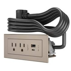 an electrical outlet with two black wires attached to it and a white wall mounted power strip