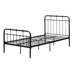 the metal bed frame is black and has no headboard or foot board on it