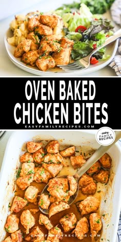 oven baked chicken bites in a casserole dish with a serving spoon and salad on the side