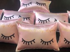 six pink pillows with eyelashes on them and the words summer party squad printed on them