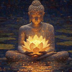 a buddha statue sitting in the water holding a lit up flower