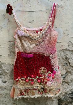 Strawberries and champagnebohemian romantic hand by FleursBoheme Shabby Chic Outfits, Angel Top, Textile Collage, Sculptural Fashion, Shabby Chic Clothes, Jean Skirts, Breakfast And Brunch