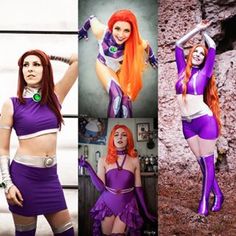 four different pictures of women in costumes and hair, one with orange hair the other wearing purple