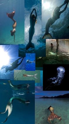 many different pictures of people swimming in the ocean together and one woman is floating on her back