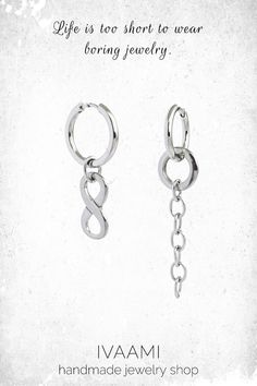 Mismatched earrings. One hoop earring with infinity charm and the other one with chain and ring charm. All the hanging elements on this asymmetrical earrings are detachable and adjustable. All parts of the earrings are stainless steel, which is hypoallergenic and won’t tarnish or discolor over time. #etsy #hoopearrings #infinityearrings #eternityearrings #mismatchedearrings #asymmetricalearrings #chainearrings #BTSearrings #Kpopearrings #chaindropearrings Bts Earrings, Infinity Earrings, Infinity Charm