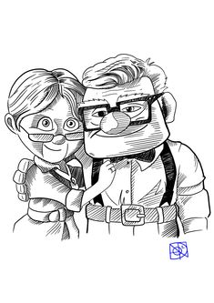 a black and white drawing of two people