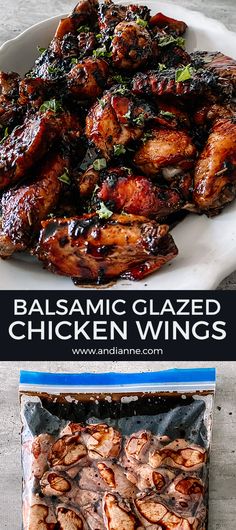 some chicken wings are on a white plate and another is in a bag with the words balsamic glazed chicken wings