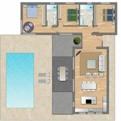 an overhead view of a house with pool and living room, kitchen and dining area