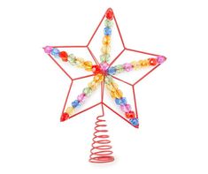 a star decoration made out of glass beads on a spiral wire stand against a white background