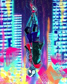 a digital painting of a person hanging upside down in the air with buildings behind them