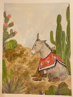 Poncho Burro original in watercolor. The perfect print for your western themed spaces, especially nurseries! 9X12 Western Pics, Nurseries, Watercolor Paintings, Art Ideas, Art Collection, Display Homes, Pet Supplies, Nursery, Collectibles