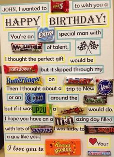 a birthday card made out of candy bar wrappers with words written on it and pictures