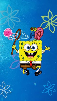 the spongebob is flying through the air with a tennis racket in his hand