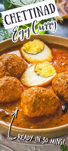 an image of meatballs and eggs in tomato sauce with text overlay that reads, chefinad egg curry ready in 3 minutes