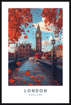 the big ben clock tower towering over the city of london, england with autumn leaves on the ground