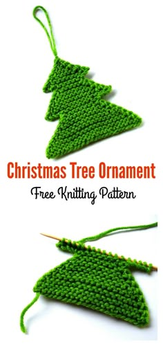 christmas tree ornament free knitting pattern with text overlay that reads, christmas tree ornament free knitting pattern