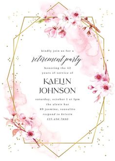 a pink and gold floral birthday party with an elegant frame on the front, surrounded by watercolor flowers