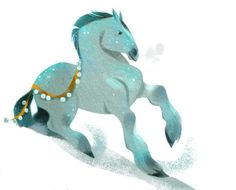 a drawing of a horse running in the snow with beads on it's neck