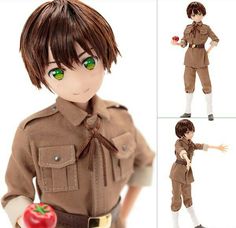 an action figure with green eyes and brown uniform, holding a red apple in one hand